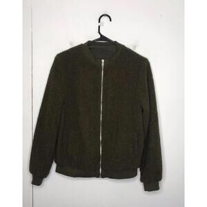 Bomber Jacket Womens Small Army Green Boucle Sherpa Lined Casual Granola